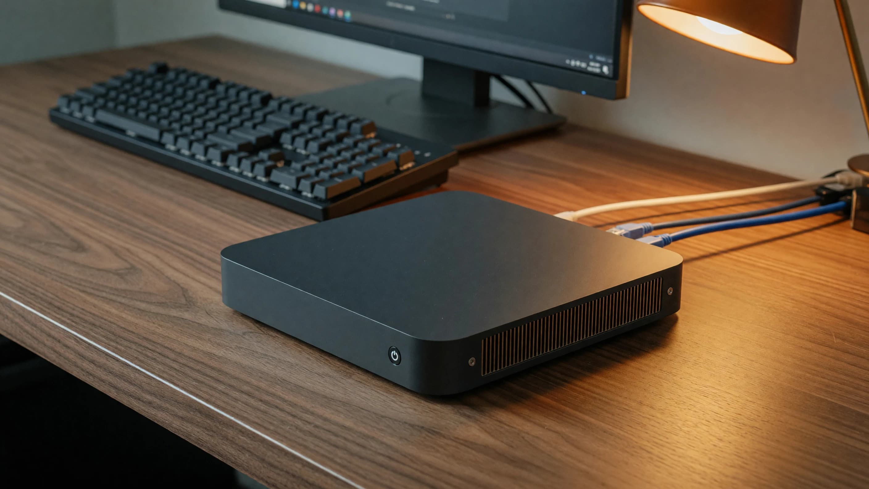 ASUS Ascent GX10-class 150mm square AI slab on a homelab desk