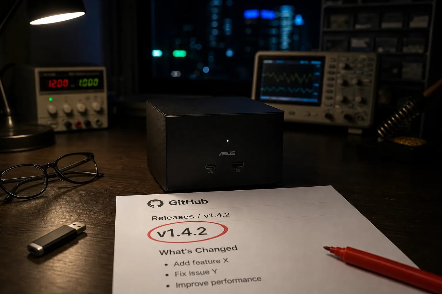 A small cube computer on a wooden lab bench next to a printed GitHub release circled in red
