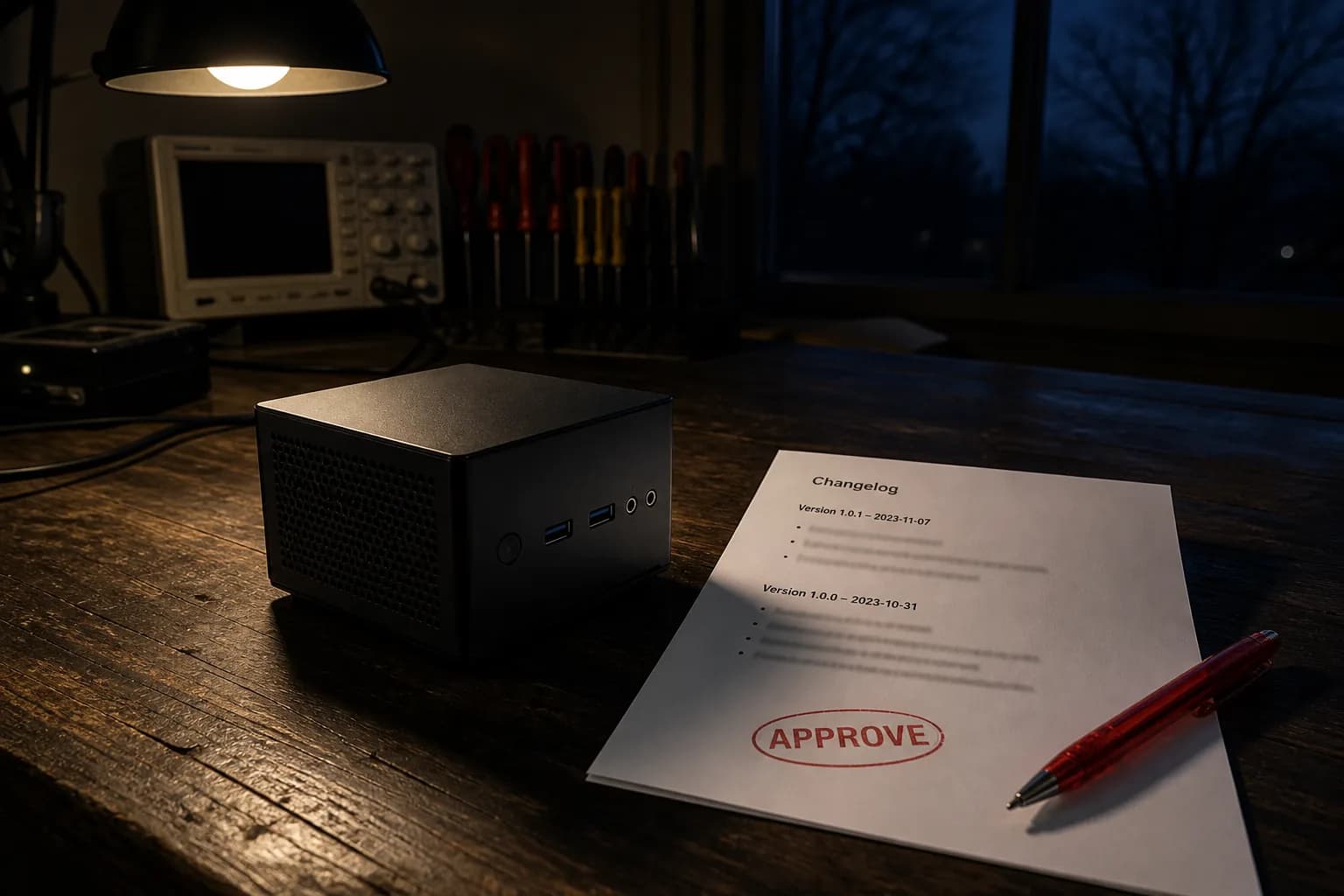 A small cube computer on a wooden lab bench next to a printed changelog stamped APPROVE in red