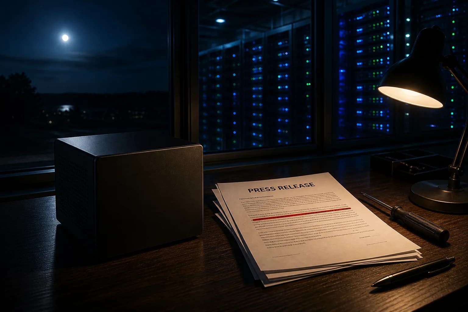 A small cube computer on a lab bench in front of a data-center rack, press release underlined in red