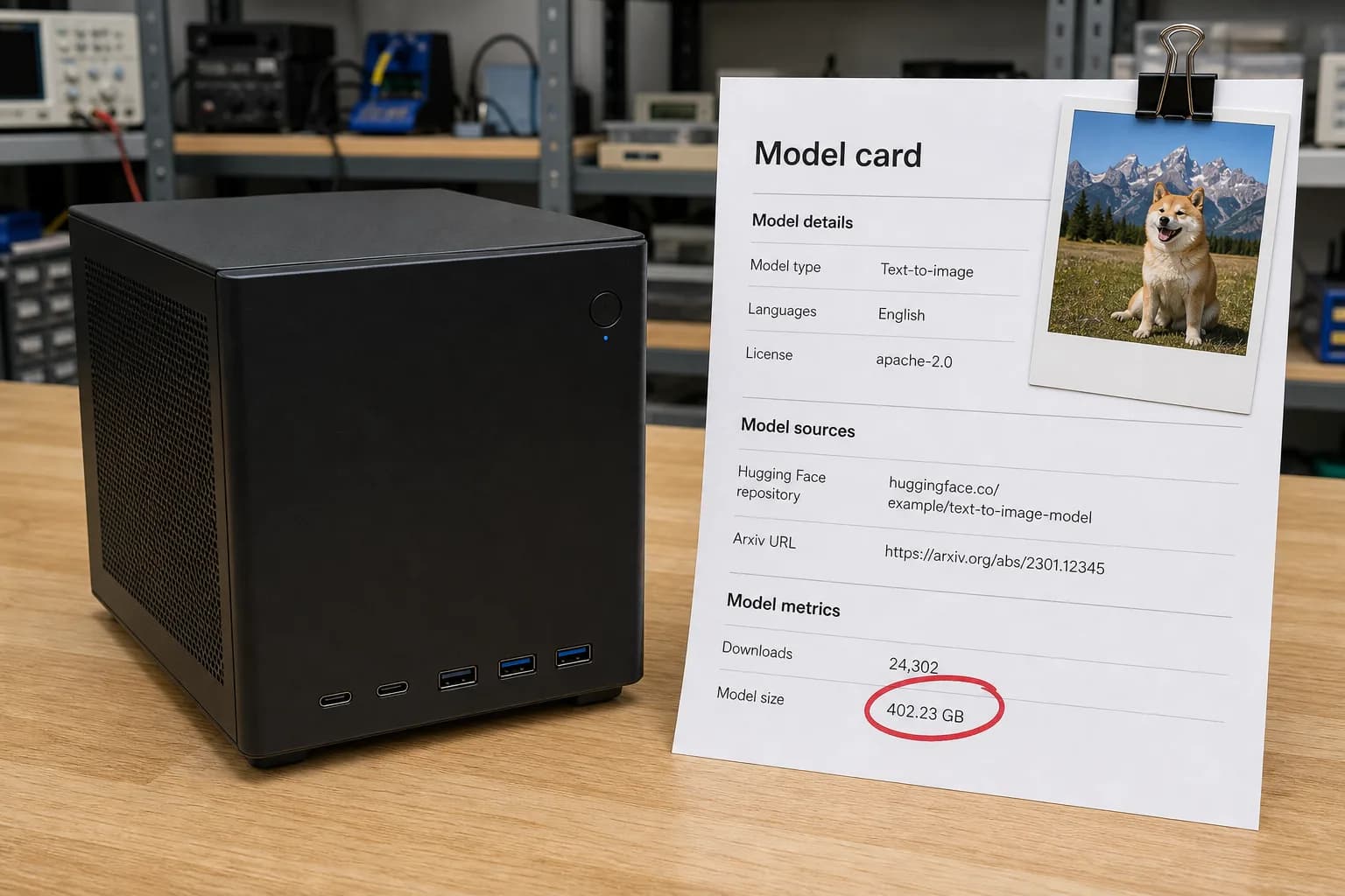 A small cube computer on a wooden lab bench next to a printed model card with a photo clip and a large file size circled in r