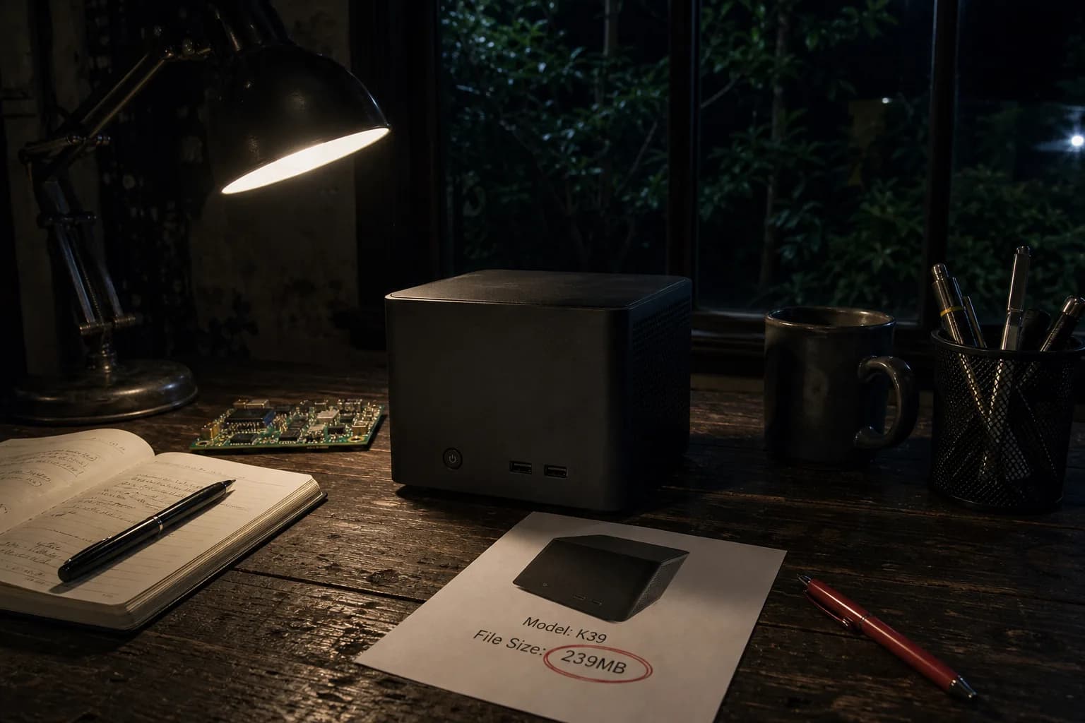 A small cube computer on a wooden lab bench next to a printed model card with a file size circled in red
