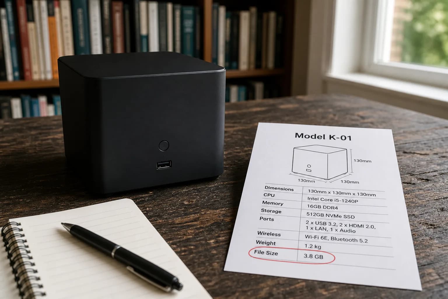 A small cube computer on a wooden lab bench next to a printed model card with a modest file size circled in red
