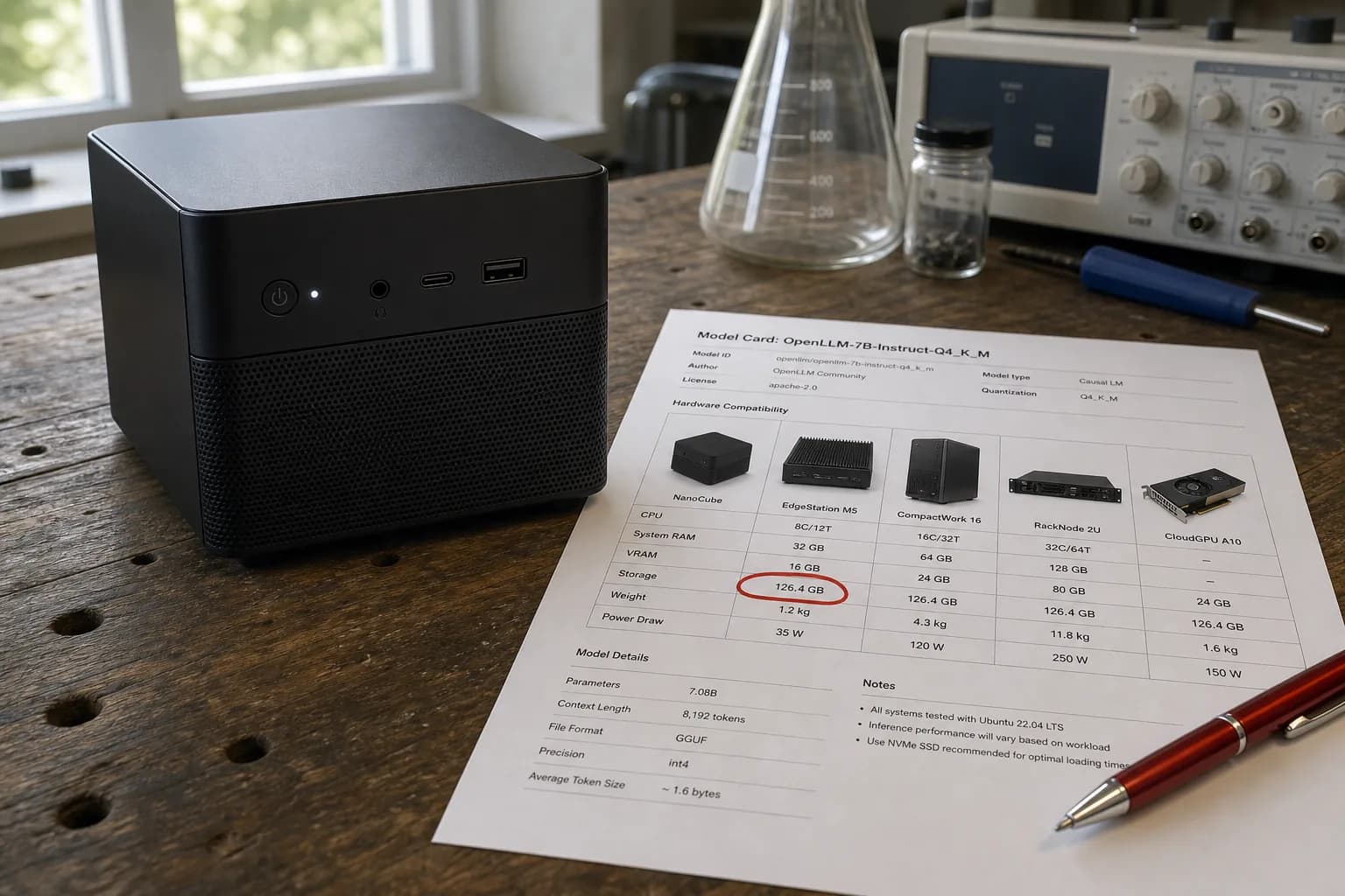 A small cube computer on a wooden lab bench next to a printed model card with a large file size circled in red