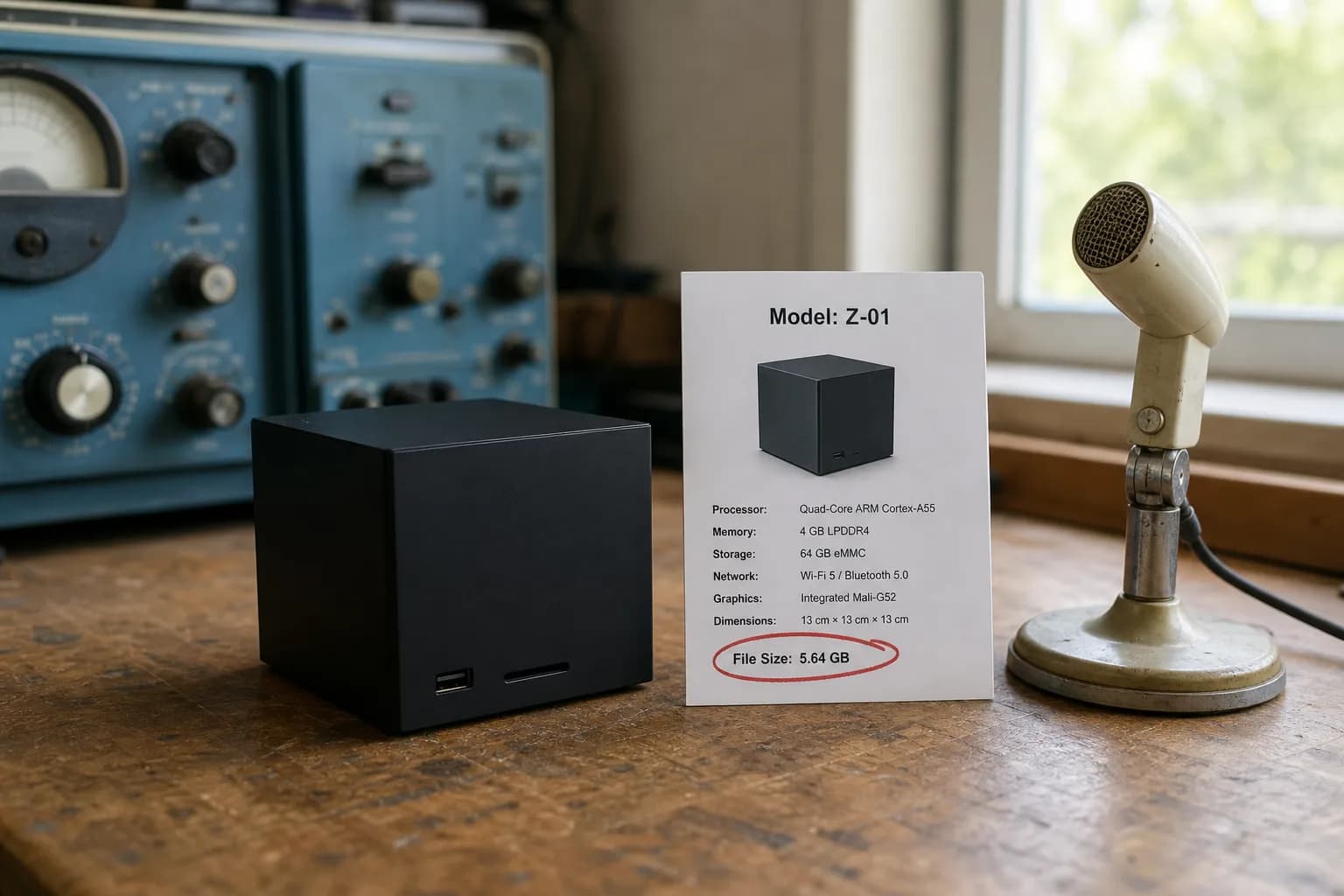 A small cube computer on a wooden lab bench next to a printed model card with a modest file size circled in red, a microphone