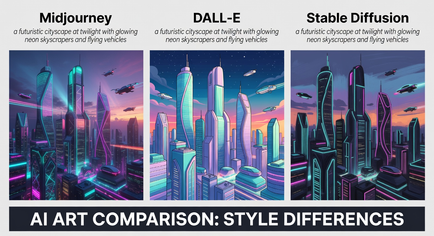 Side-by-side comparison of the same prompt across six AI image generators