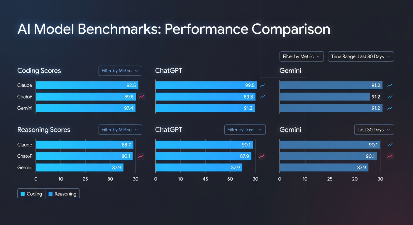 Comparison dashboard showing Claude, ChatGPT, and Gemini performance across key metrics