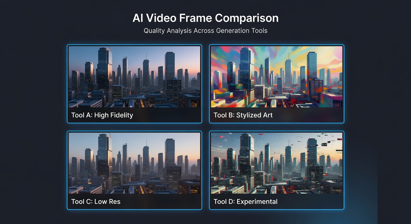 Comparison of AI-generated video frames from Sora, Runway, and Kling