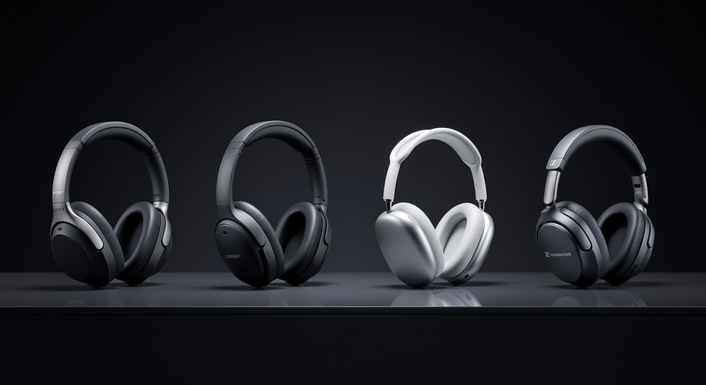 Comparison of five ANC headphones arranged on a desk showing size and design differences