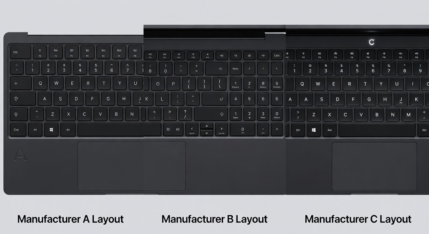 Close-up comparison of keyboard layouts across all five laptops