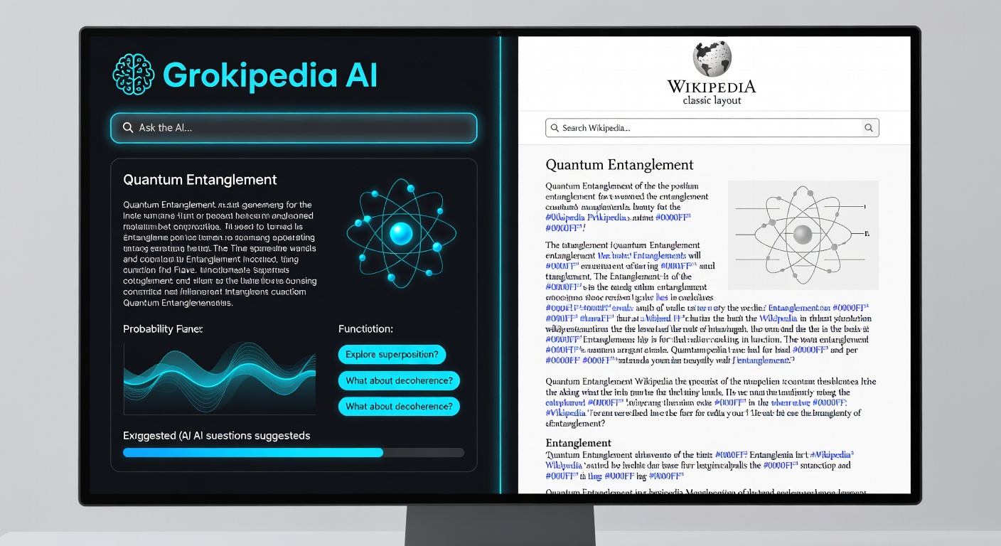 Side-by-side screenshot comparison of Grokipedia and Wikipedia article layouts