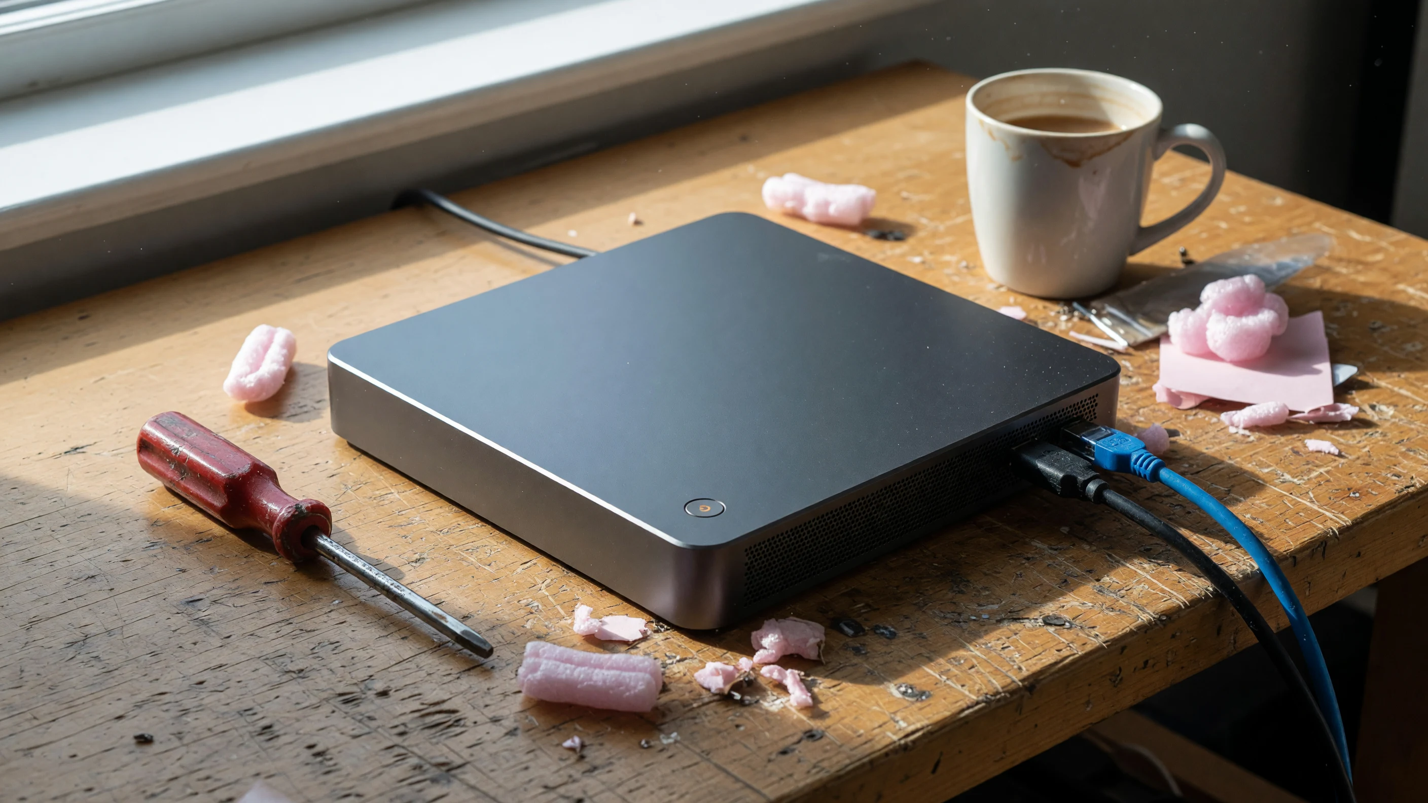 Compact silver AI desktop cube on a dark bench with warm practical lighting