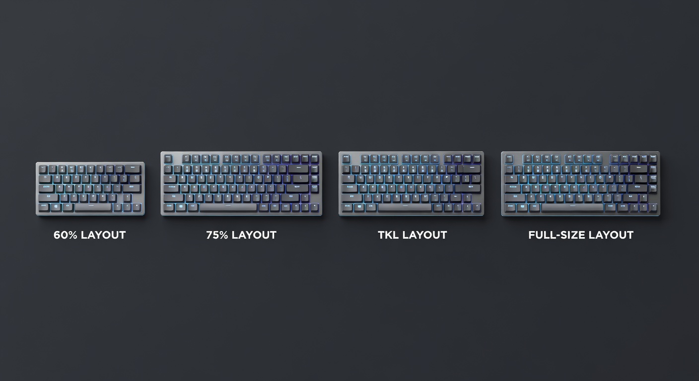 Top-down photo showing all five keyboards with size comparison rulers