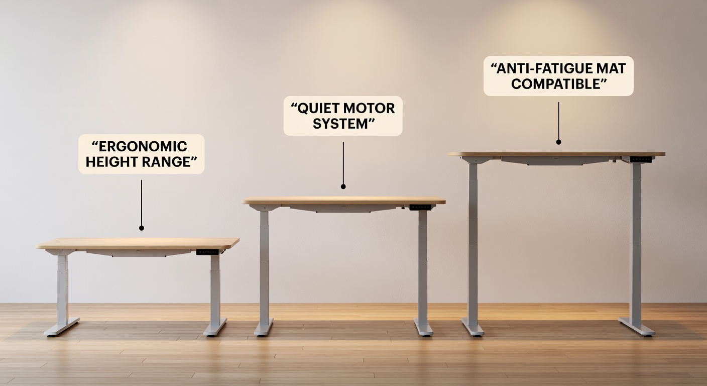 Five standing desks at standing height showing size and stability comparison