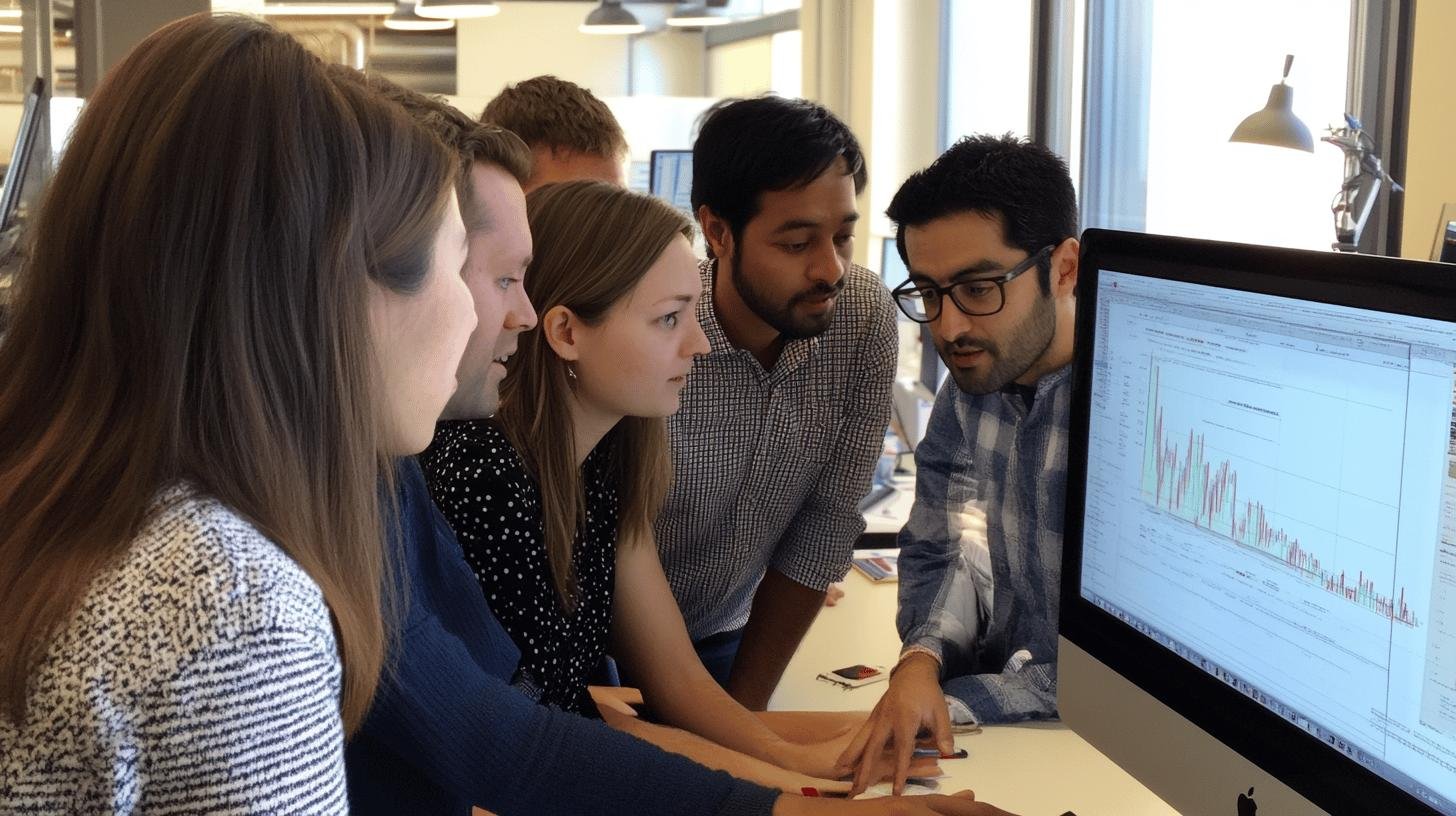 A diverse team of five professionals collaboratively analyzes Data Analytics BI on a large monitor displaying complex charts in a bright, modern office setting. 