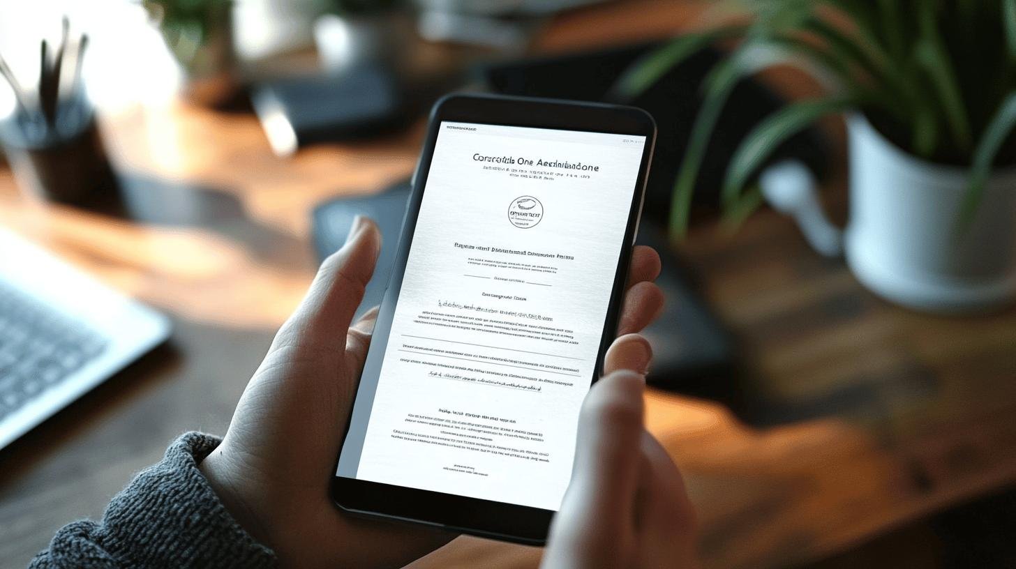 A hand holding a phone displaying the screen with 'Correlation One Data Analytics Certification and Accreditation.