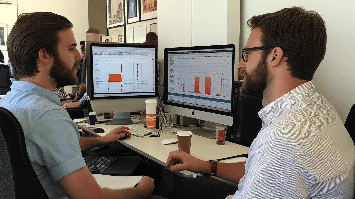 Two men discussing and analyzing data closely in an office setting, working together on a computer to implement data analytics and business intelligence in their business.