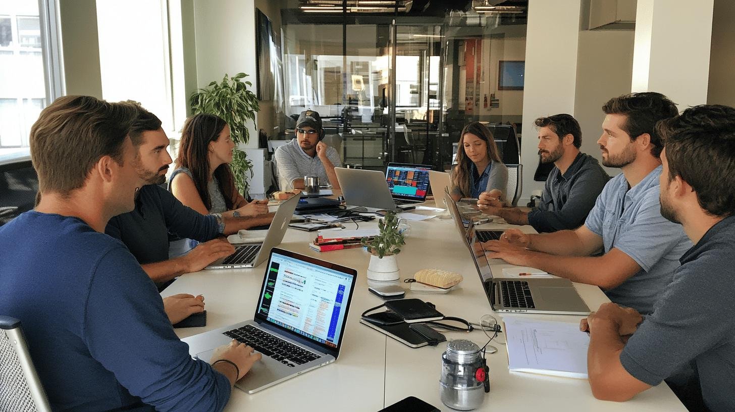 Group of workers in a meeting, each with a laptop, discussing 'Implementing Self-Service Analytics for Strategic Advantage,' featuring 'Analytics Advantage.'