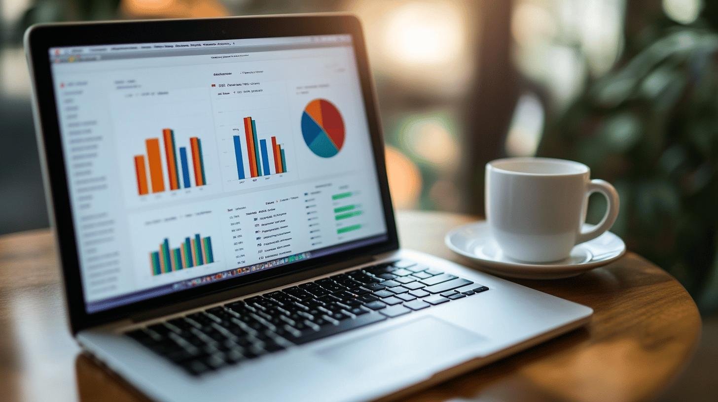 Laptop displaying graphs on the screen with a coffee cup on the table, showcasing key tools and technologies in data analytics and business intelligence.