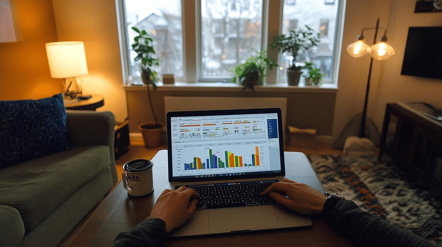 A person analyzes data analytics BI on a laptop displaying colorful bar and line graphs, sitting at a cozy home setup.