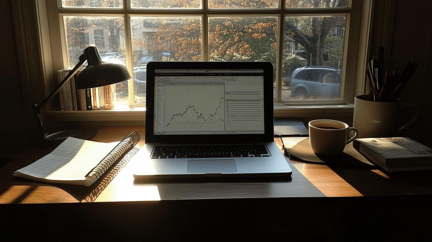 A laptop with graphs displayed on the screen, highlighting Analytics vs Metrics, positioned near a window with an outdoor view.