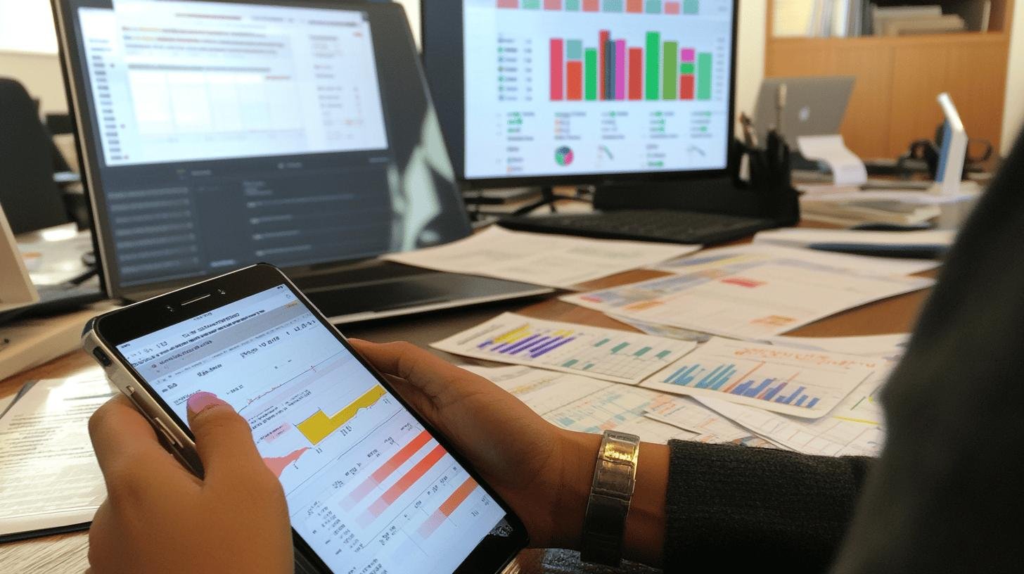 Someone holding a tablet displaying the text 'Types of Data Analysis Techniques' on the screen, with an office cubicle in the background.