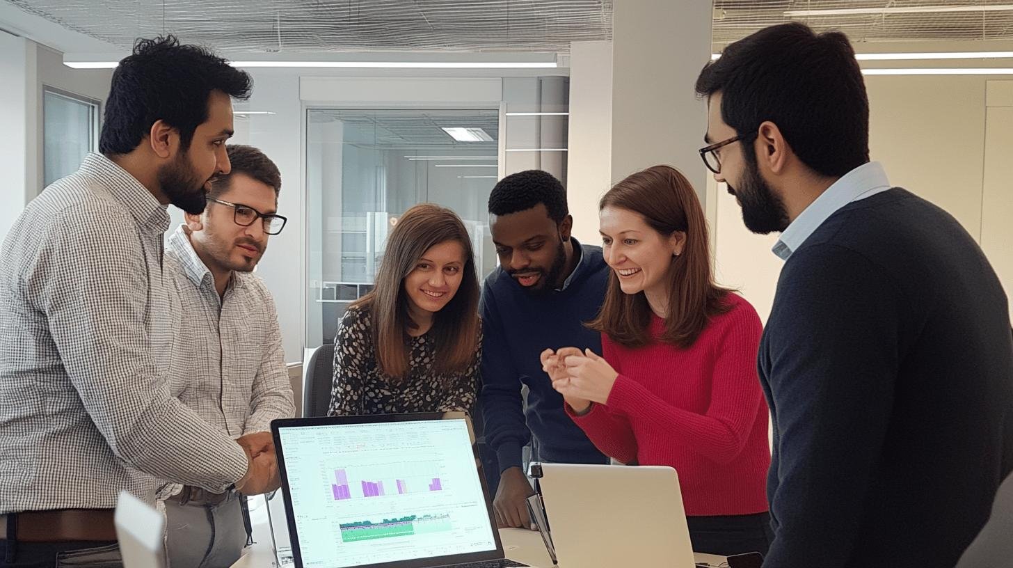 A team in the office discussing Analytics and Reporting for business success.