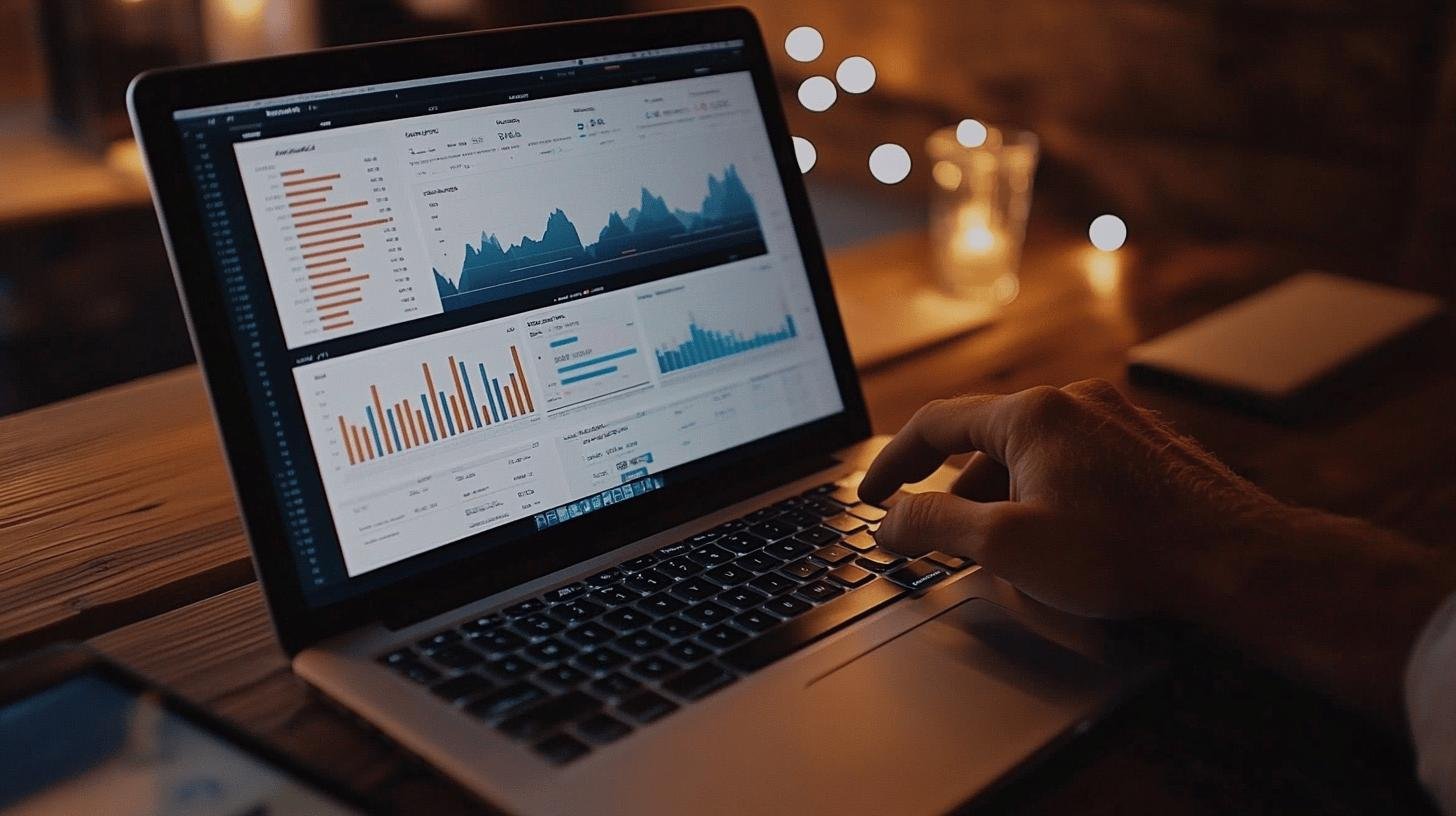 A laptop displaying a graph related to Analytics vs Metrics, with a person's hand on the keyboard.