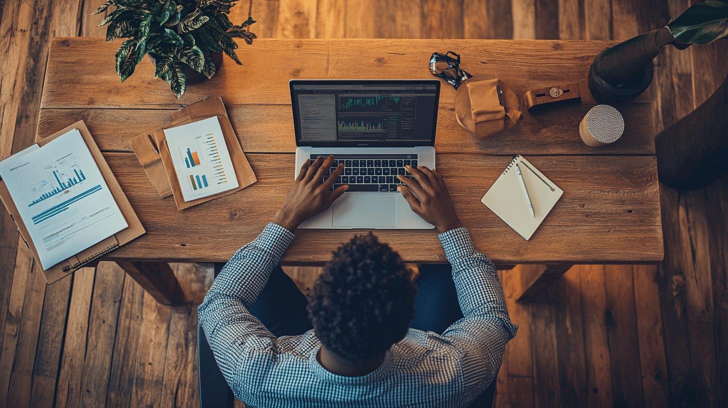 Man analyzing 'Long Tail vs Short Tail Keywords: Key Differences' on his laptop at a wooden table with documents and a microphone.