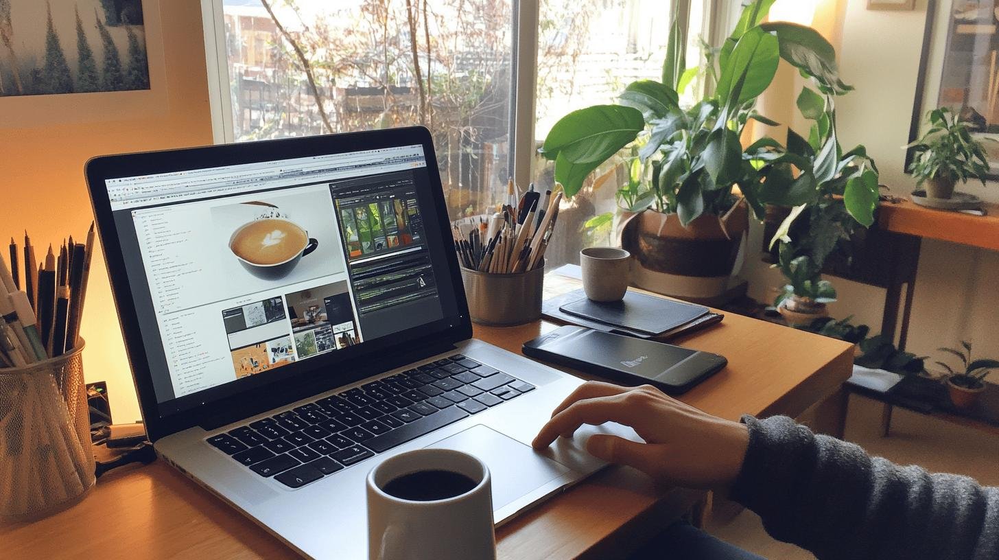 Person working on a MacBook showing graphic design project, surrounded by a cozy home office setup with potted plants, illustrating the use of free marketing tools.