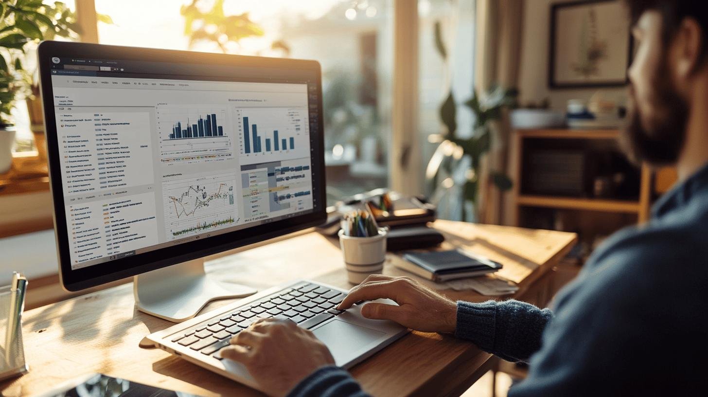 Man analyzing keyword ranking data on computer screen in a home office.