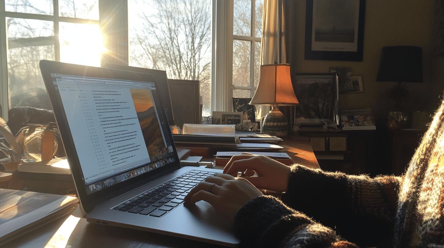 Research on 'Long Tail vs Short Tail Keywords: Key Differences' displayed on a laptop in a cozy home office at sunset, highlighting best practices for using long tail keywords.