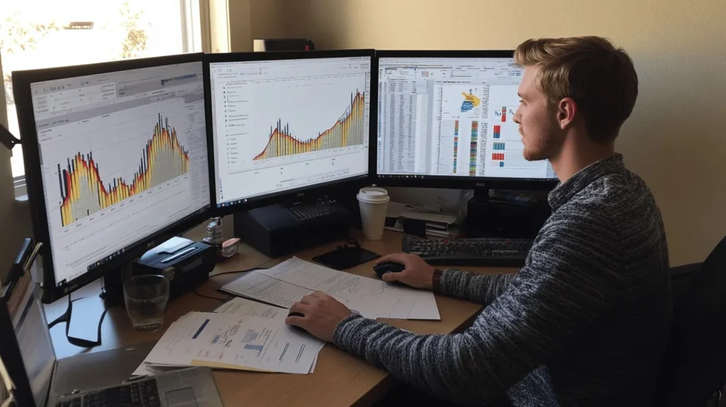 man working on computer with multiple screens