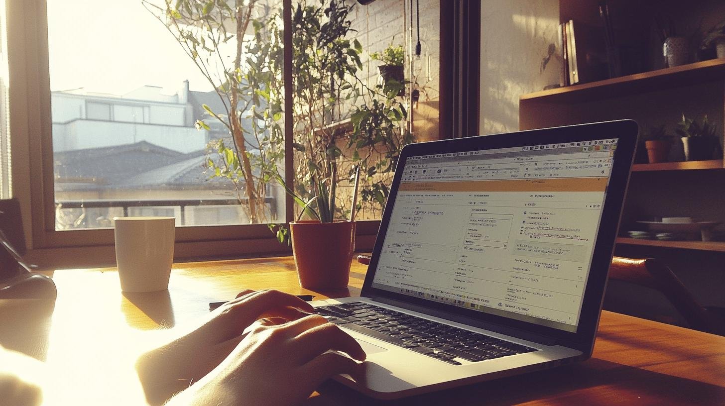 Person using laptop on desk to research high search volume low competition keywords.