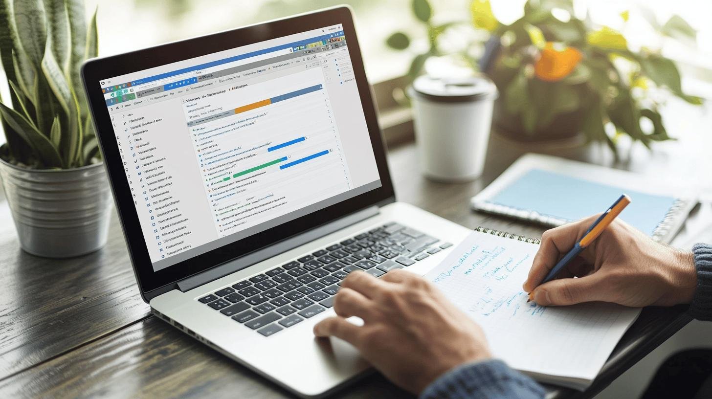 Person using SEO tools on a laptop for 'Long Tail vs Short Tail Keywords: Key Differences' research, with notes and a potted plant on a wooden desk."